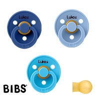 BIBS Colour Sutter med navn str 1, 1 Cornflower, 1 Matcha, 1 Sky Blue, Runde latex, Pakke med 3 sutter